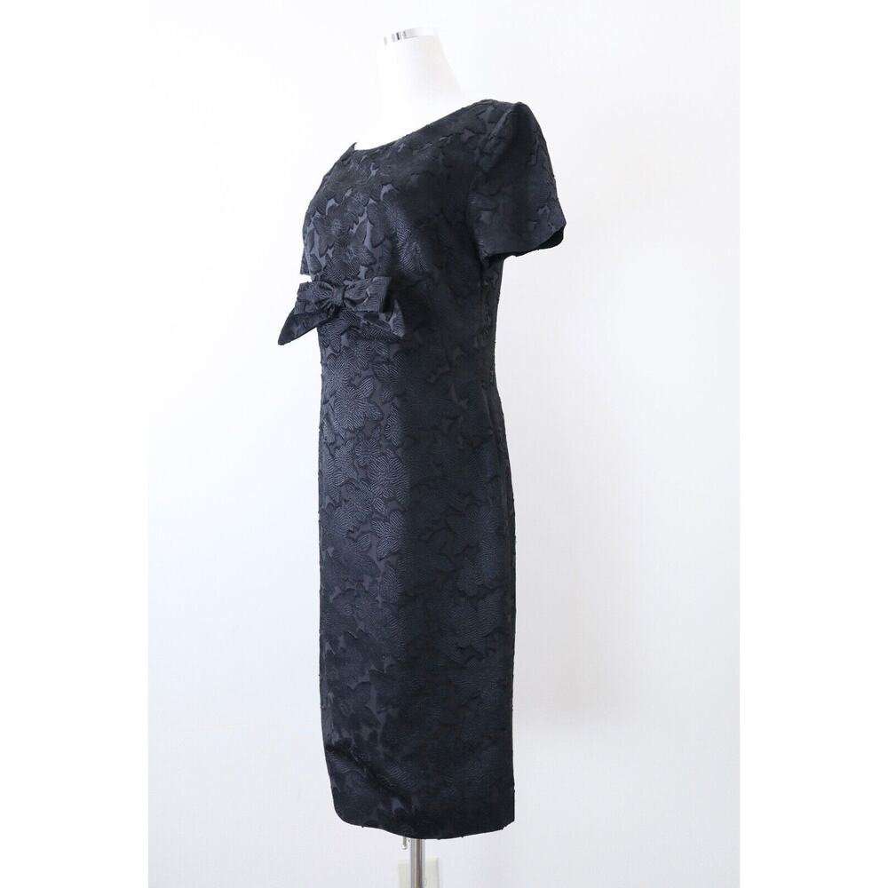 Vintage 1960s Boat Neck Sheath Dress Bow Front Short Sleeve Jacquard Black - Picture 5 of 11